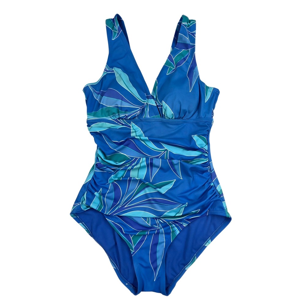 Embrace Your Curves by Miracle Brands Blue Leaf Ruched One Piece Swimsuit M 8-10